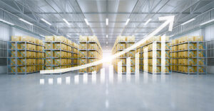 modern warehouse neatly organized with bright lights and graphic overlay